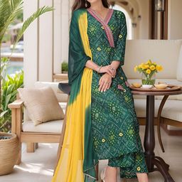 KALINI Women Bandhani Printed Angrakha Kurta with Palazzos & With Dupatta-picture-4