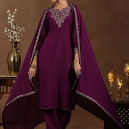 Libas Floral Yoke Design Notch Neck Puffed Sleeves Straight Kurta With Palazzos & Dupatta-image-16