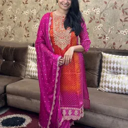 GoSriKi Bandhani Printed Sequinned Straight Kurta With Palazzo & Dupatta-25