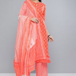Vishudh Women Coral Orange & Off-White Printed Kurta with Palazzos & Dupatta-picture-18