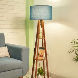 Crosscut Blue & Brown Wooden Cylinder Shaped Floor Lamp With Shelves-14