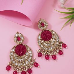 I Jewels Gold-Plated Kundan Studded Pearl Beaded Chandbalis Earrings-1
