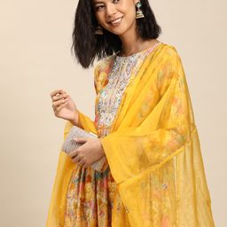 Sangria Women Printed Embroidered Yoke Design Kurta With Trousers & Organza Dupatta-image-25
