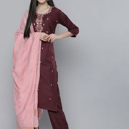 Kvsfab Women Maroon Embroidered Pure Cotton Embroidered Kurta Pant with Dupatta-image-22