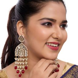 Rhymee Gold Plated Kundan Studded & Beaded Contemporary Drop Earrings-19