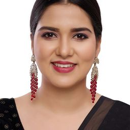 Rhymee Gold Plated Kundan Studded & Beaded Contemporary Drop Earrings-47