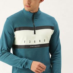 Flying Machine Men Teal Blue & White Colourblocked Pure Cotton Sweatshirt-image-32