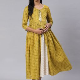 anayna Women Green & Off-White Printed Pure Cotton Maternity Layered A-Line Dress-picture-17