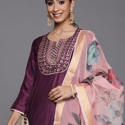 Indo Era Women Purple Yoke Design Kurta with Trousers &  Dupatta-image-14