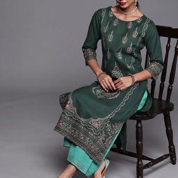 Indo Era Women Green Ethnic Motifs Foil Printed Straight Kurta With Palazzo Set-image-108
