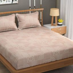 UrbanArts Beige Geometric Printed 300 TC Fitted Double King Bedsheet with 2 Pillow Covers-image-97