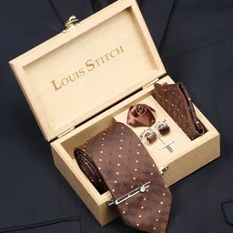 LOUIS STITCH Men Brown Polka Italian Silk Necktie Accessory Gift Set-image-81