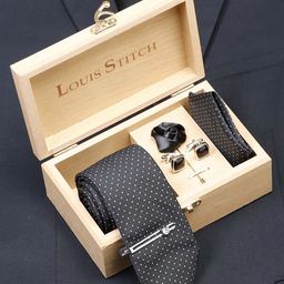 LOUIS STITCH Men Polka Black Italian Silk Necktie Accessory Gift Set-image-37