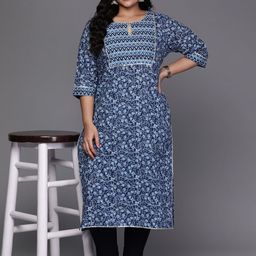 EXTRA LOVE BY LIBAS Women Floral Printed Keyhole Neck Gotta Patti Kurta-picture-49
