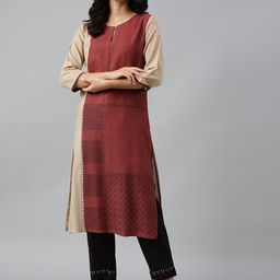 W Women Rust Red And Beige Color Blocked Keyhole Neck Kurta-picture-14