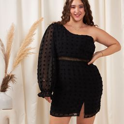Berrylush Curve Plus Size Self Design One Shoulder Puff Sleeve Jacquard Bodycon Mini Dress-21