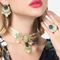 Zaveri Pearls Gold-Plated White & Grey Kundan-Studded & Pearl Beaded Meenakari Jewellery Set-4