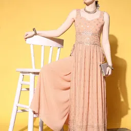 Kvsfab Women Peach-Coloured Ethnic Motifs Embroidered Kurta with Palazzos-image-34