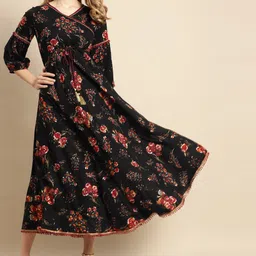 RANGMAYEE Black & Red Floral Liva A-Line Midi Dress-17