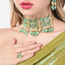 Zaveri Pearls Gold-Plated Green Kundan Stone-Studded Choker Necklace Set-14