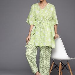 Libas Women Mint Green & White Floral Print Cotton Longline Pyjama Set-picture-10