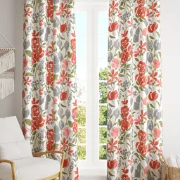 Trance Home Linen White & Red 2 Pieces Floral Printed Cotton Long Door Curtain-3