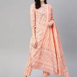 AHIKA Women Peach Colored & Red Ethnic Motifs Printed Cotton Kurta with Palazzos & Dupatta-image-14