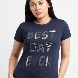 Status Quo Women Navy Blue & White Typography Printed Cotton T-shirt-24