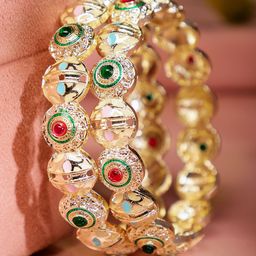 Rubans Set of 2 18K Gold Plated Red & Green Stone and Enamel Work Handcrafted Bangles-image-82