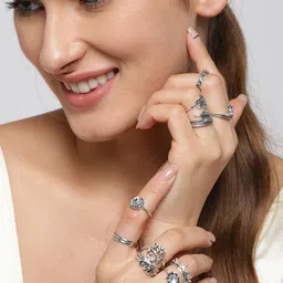 Jewels Galaxy Women Set of 16 Silver-Plated Oxidized Finger Rings-picture-1