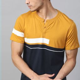 Roadster Men Mustard Yellow  Navy Blue Colourblocked Henley Neck Pure Cotton T-shirt-picture-1