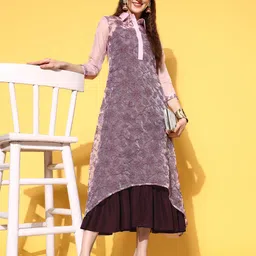 Inddus Pink Sheer Floral Embroidered Midi Ethnic Dress With Inner-image-2