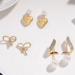 Estailo fashion Set Of 3 Alloy Gold-Plated Pearls Studded Heart Drop Earrings-picture-6