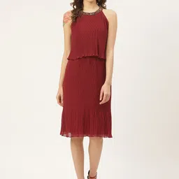 Antheaa Women Maroon Solid Layered Accordion Pleated Sheath Dress-image-42
