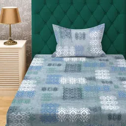 KLOTTHE Blue & Grey Printed Pure Cotton 400 TC Fitted Single Bedsheet With Pillow Cover-picture-18