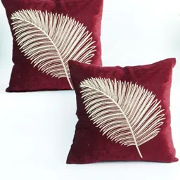 Decoghar Burgundy & White 2 Pieces Floral Embroidered Square Cushion Covers-picture-2