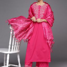 Varanga Women Fuchsia Pink Ethnic Motifs Pure Cotton Kurta with Palazzos & With Dupatta-21