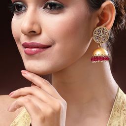 ADIVA Gold-Plated Artificial Stones Studded And Beaded Dome Shaped Jhumkas-10