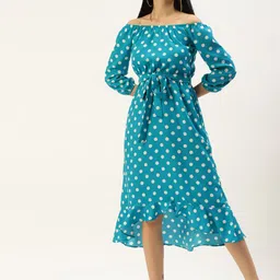 BRINNS Turquoise Blue & White Off-Shoulder A-Line Midi Dress-image-17