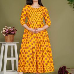 Gujari Women Floral Printed Maternity Fit & Flare Midi Dress-image-30