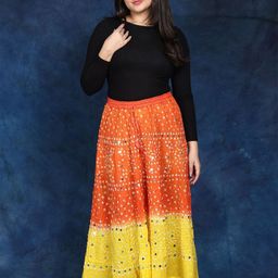 Exotic India Paprika And Lemon Bandhani Tie-Dye Pure Cotton Skirt with Large Sequins-image-75