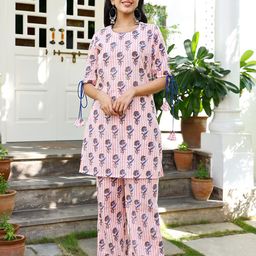 Ambraee Women Pink & Blue Floral Printed Pleated Pure Cotton Kurta with Palazzos-image-76