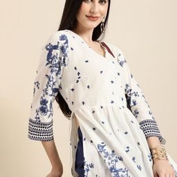 Anouk Women White Ethnic Motifs Printed Pleated Pure Cotton Kurta with Trousers-32