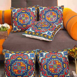 STUDIOHMK Blue & Red Ethnic Motifs Embroidered Square Cotton Linen Cushion Covers-13