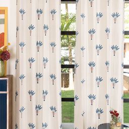 URBAN SPACE White & Blue 2 Pieces Floral Printed Pure Cotton Long Door Curtains-61