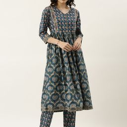 RangDeep Women Blue & Beige Ethnic Motif Printed Pure Cotton Kurta with Trousers-image-11