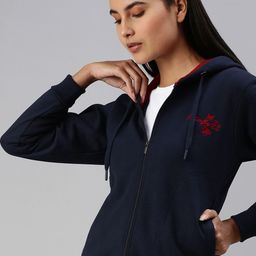 ADBUCKS Women Navy Blue & Red Embroidered Hooded Pure Cotton Sweatshirt-image-0