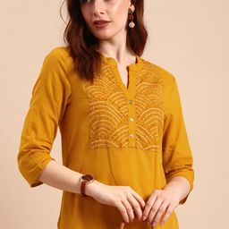 all about you Women Yellow Bandhani Yoke Design Pure Cotton Kurta-35