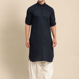 RAJUBHAI HARGOVINDAS Men Navy Blue Woven Design Pure Cotton Pathani Kurta-40