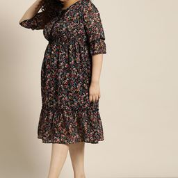 Sztori Plus Size Brown & Black Floral Printed Keyhole Neck A-Line Dress-picture-49